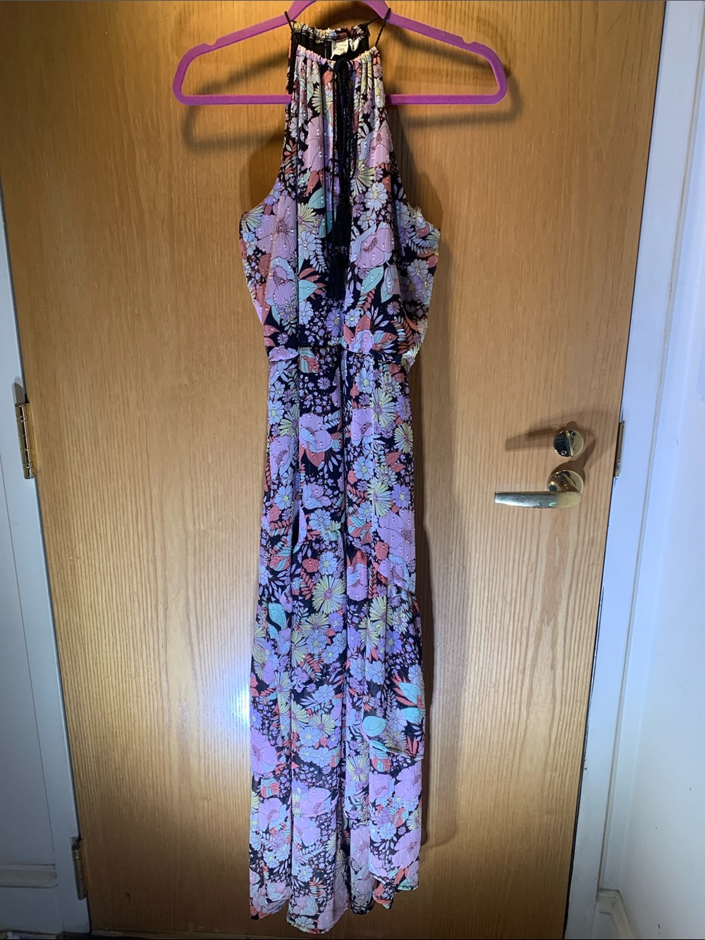 Melrose and Market Floral Halter Asymmetrical Maxi Dress in Black and Pink - S